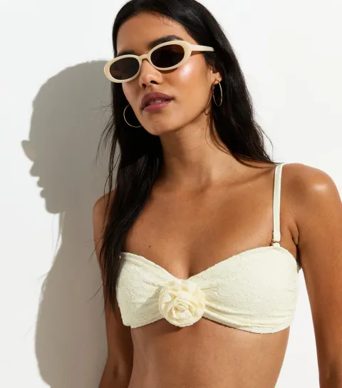 New Look Women's White 3D Floral Lace Bandeau Bikini Top