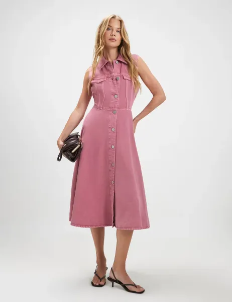 River Island Denim Button Through Midi Shirt Dress Pink