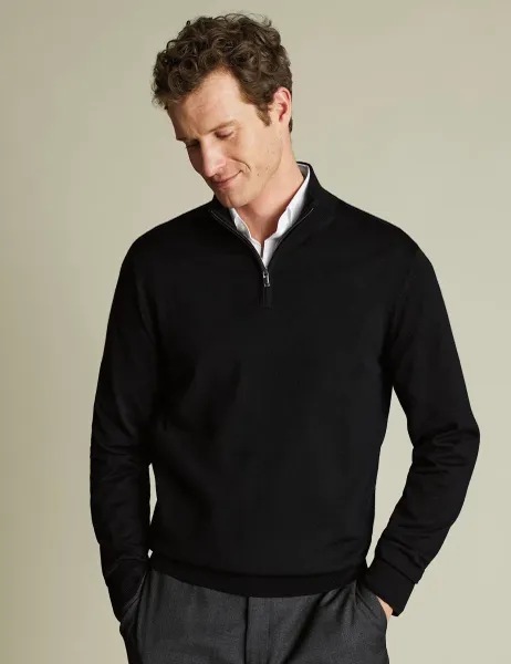 Charles Tyrwhitt Pure Merino Wool Half Zip Jumper Black