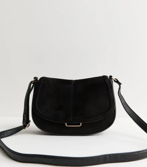 Black Faux Suede Saddle Shoulder Bag