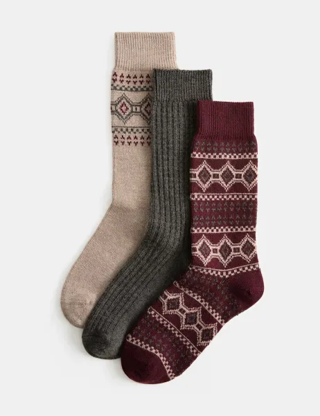 Marks & Spencer 3 Pack Patterned Socks with Wool Beige Mix