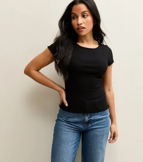 New Look Women's Petite Black Ribbed Babylock Tee
