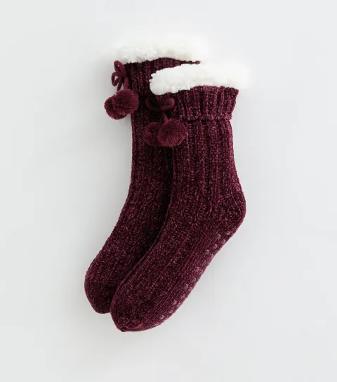 New Look Dark Burgundy Knit Fleece Lined Slipper Socks