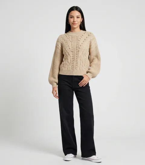 Gini London Women's Oatmeal Chunky Knit Oversized Jumper