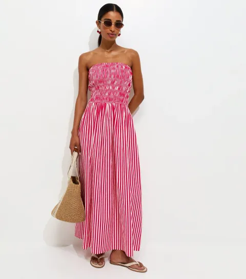 Women's Red Striped Shirred Bandeau Maxi Dress