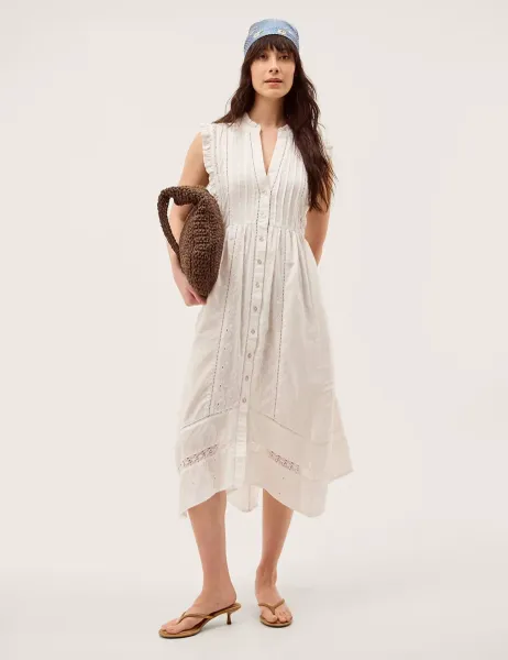 Monsoon Pure Cotton Embroidered Notch Neck Midi Dress Ivory