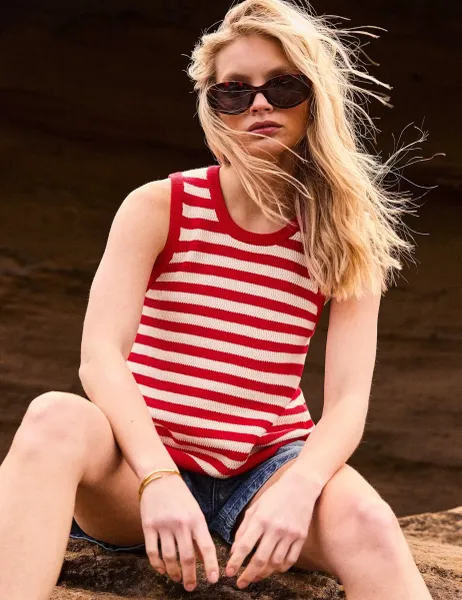 RO&ZO Pure Cotton Striped Crew Neck Vest Top Red Mix