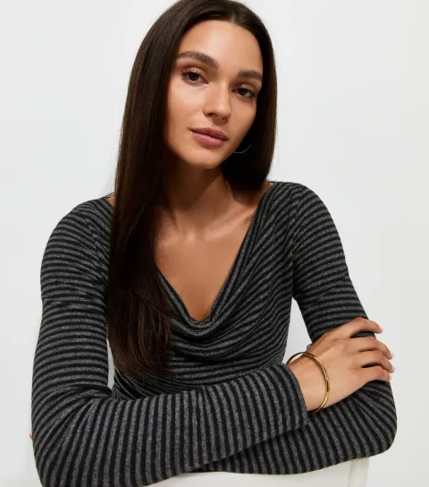 Women's Grey Soft Touch Striped Cowl Neck Top