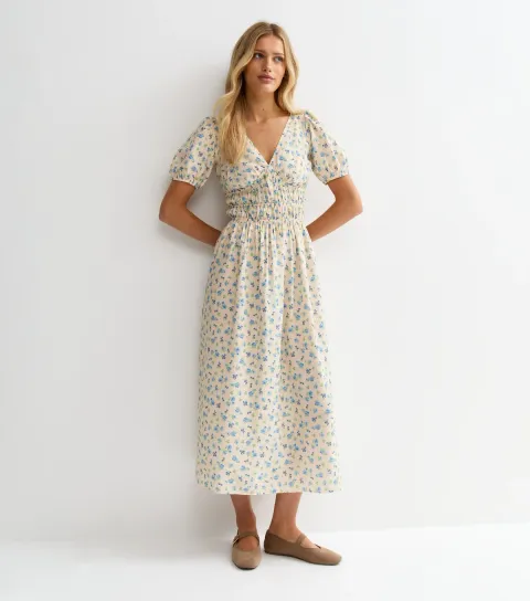Women's Cream Floral Ruched Waist Midi Dress