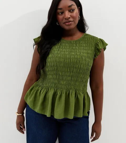 Women's Plus Size Green Shirred Frill Sleeve Top Curves