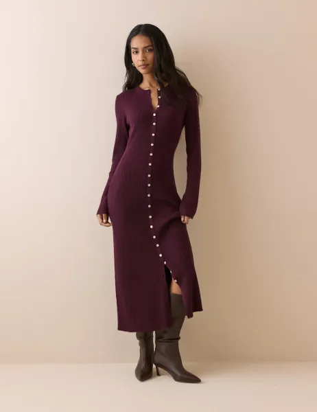 Nobody's Child Knitted Button Through Midi Bodycon Dress Burgundy