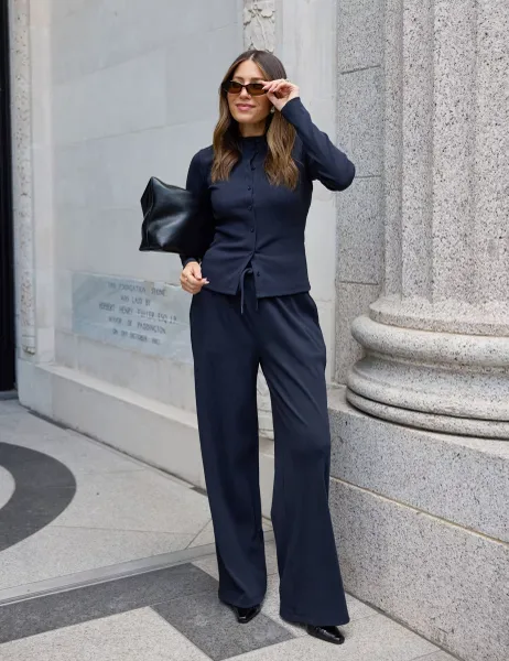 WAT THE BRAND Cotton Rich Ribbed Wide Leg Joggers Navy