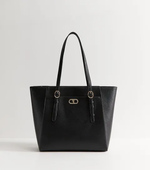 Black Textured Faux Leather Slim Strap Tote Bag Vegan