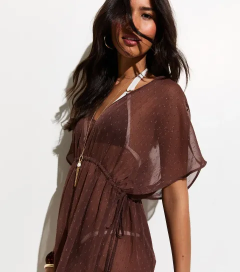 Women's Dark Brown Sheer Sparkly Beach Kaftan Dress