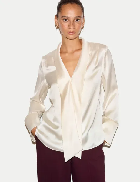 Satin V-Neck Tie Detail Relaxed Blouse Cream