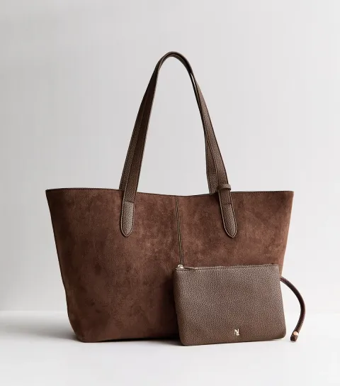 Dark Brown Faux Suede Winged Shopper Tote Bag Vegan