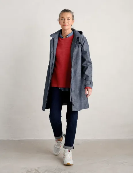 Seasalt Cornwall Pure Cotton Waterproof Hooded Longline Raincoat Blue