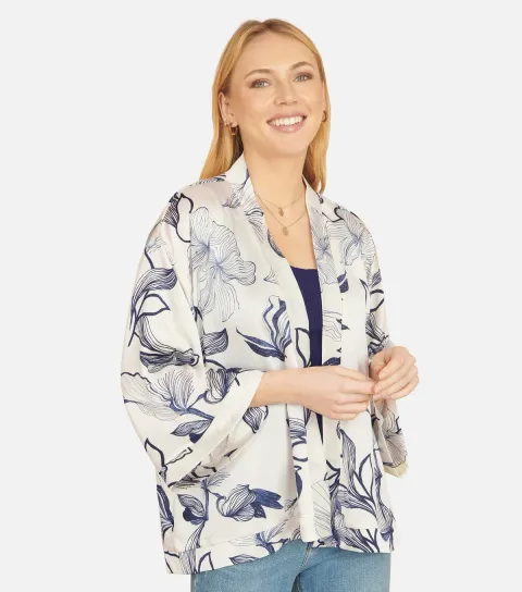 Women's White Floral Print Kimono Jacket