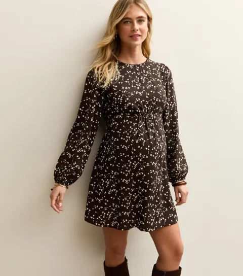 Women's Maternity Dark Brown Ditsy Long Sleeve Flutter Mini Dress