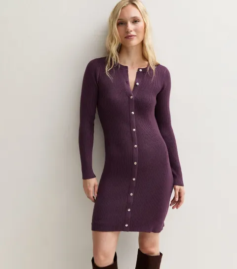 New Look Women's Petite Purple Ribbed Knit Button Front Mini Dress