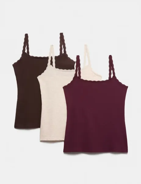 Marks & Spencer 3pk Cotton Rich Lace Trim Vests Purple Mix