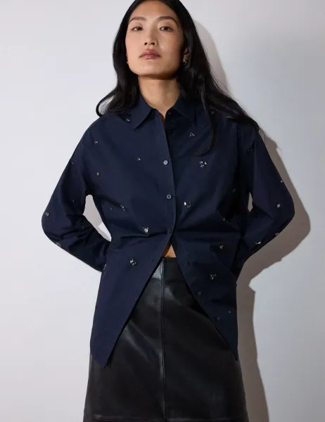 Whistles Pure Cotton Jewel Embellished Relaxed Shirt Navy Mix