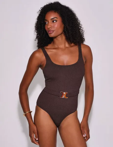 South Beach Crinkle Belted Scoop Neck Swimsuit
