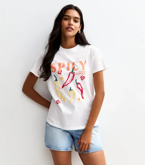 New Look Women's White Spicy Chilli Peppers Relaxed T-Shirt