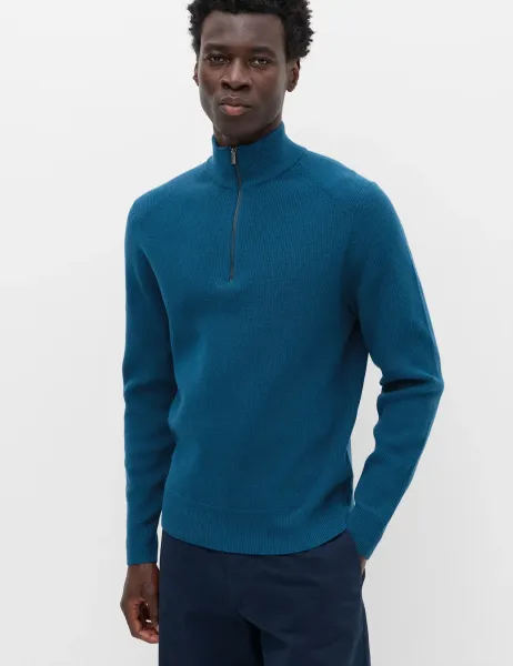 Marks & Spencer Cotton Blend Ribbed Half Zip Jumper Petrol