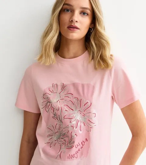 Women's Light Pink Foiled Flower Print T-Shirt
