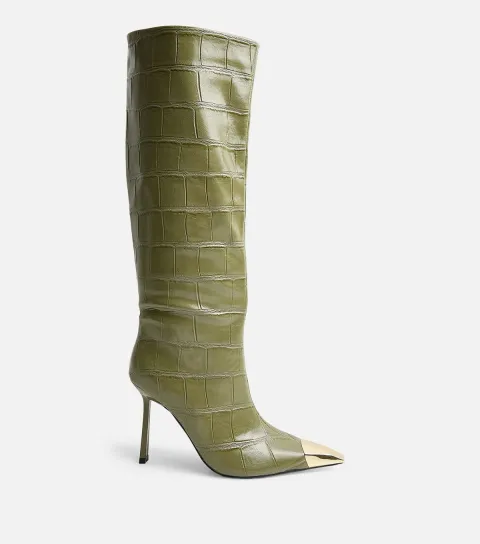 Public Desire Women's Green Faux Leather Radiate Croc Embellished Knee High Boots