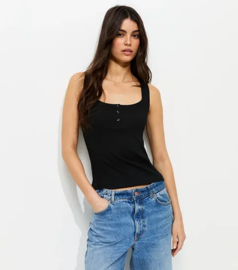 Women's Black Square Neck Button Front Vest Top