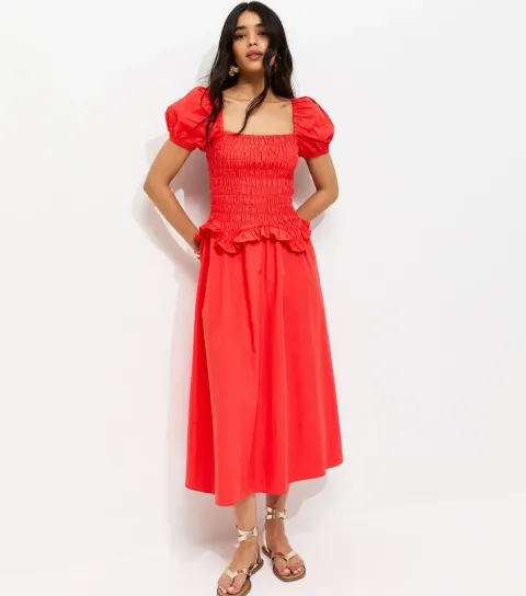 Women's Light Coral Shirred Dropped Waist Midi Dress
