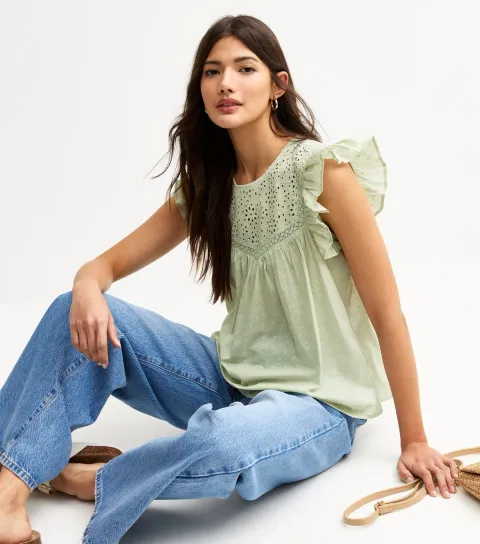 Women's Light Green Daisy Broderie Anglaise Yoke Frill Top