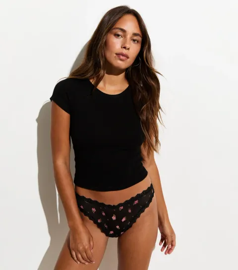 Women's Black Floral Patterned Mesh Lace Brazilian Briefs