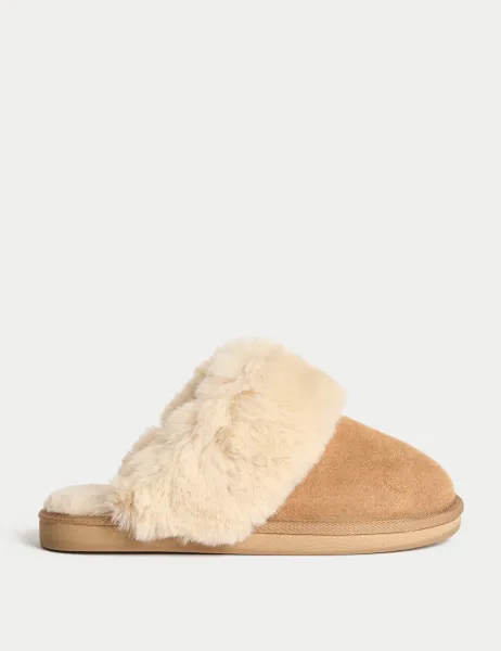 Marks & Spencer Suede Faux Fur Trim Mule Slippers Chestnut