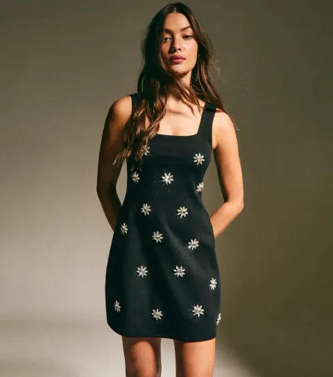 New Look Women's Black Diamanté Flower Square Neck Mini Dress