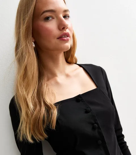 Women's Black Square Neck Button Up Long Sleeve Top