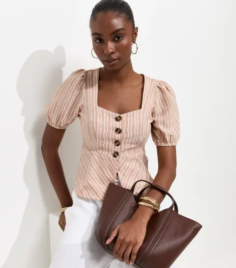 Women's Cream Stripe Peplum Hem Puff Sleeve Top