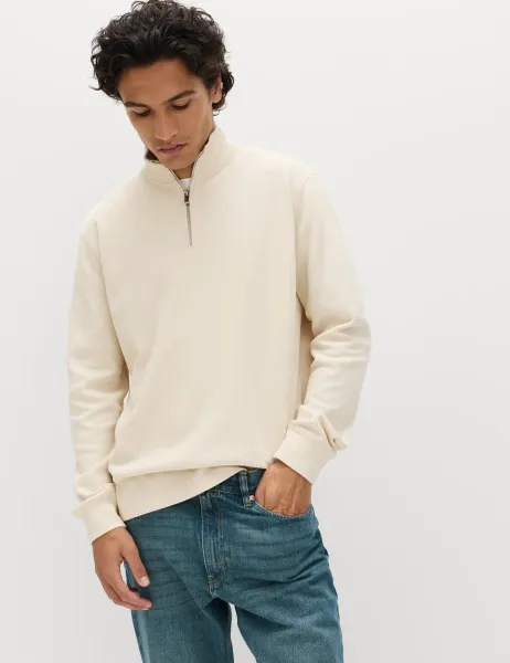 Marks & Spencer Cotton Rich Double Knit Half Zip Sweatshirt Ecru