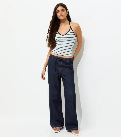 Women's Navy Tie Waist Wide Leg Jeans