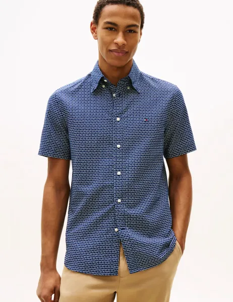 Tommy Hilfiger Regular Fit Linen Blend Geometric Shirt Navy Mix