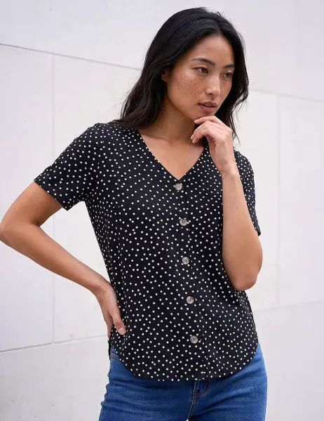Roman Petite V Neck Button Through Blouse Black Mix