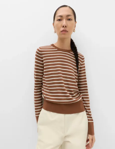 Marks & Spencer Pure Merino Wool Striped Crew Neck Jumper Neutral
