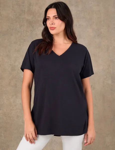 Live Unlimited London Pure Cotton V-Neck Longline T-Shirt Navy
