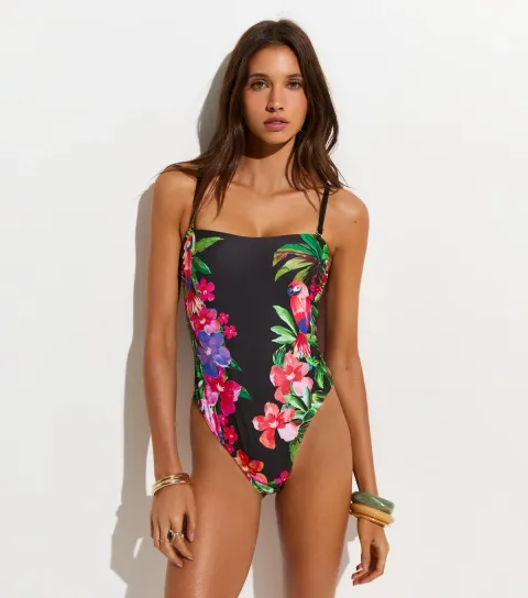 Women's Black Tummy Control Parrot Swimsuit