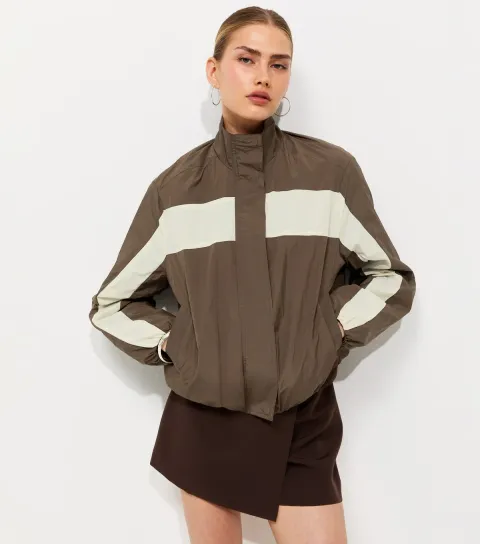 Women's Brown Colour Block Bubbles Hem Zip Windbreaker Jacket