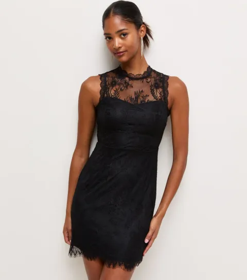 New Look Women's Black Lace High Neck Sleeveless Mini Dress