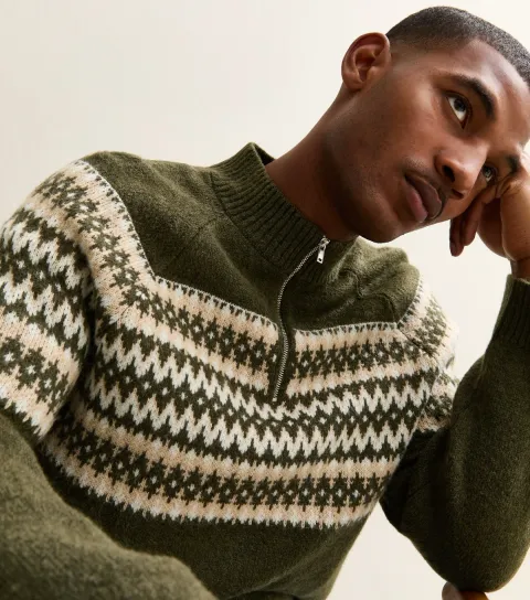 Men's Green Regular Quarter Zip Fairisle Pattern Jumper