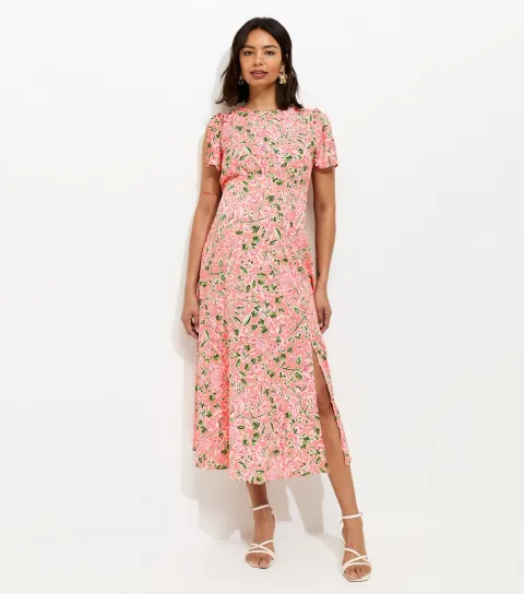 Women's Maternity Pink Crepe Floral Print Midi Dress